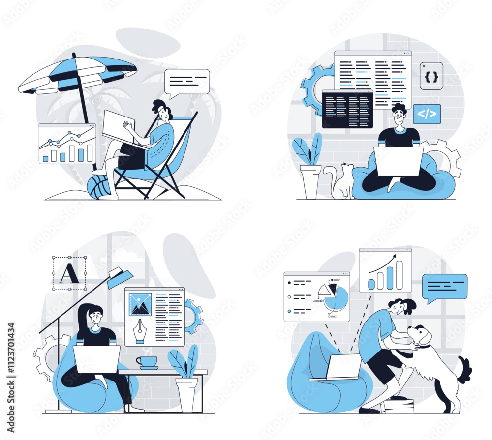 Fototapete freelance working concept set in flat design for web. collection with people working remotely from h