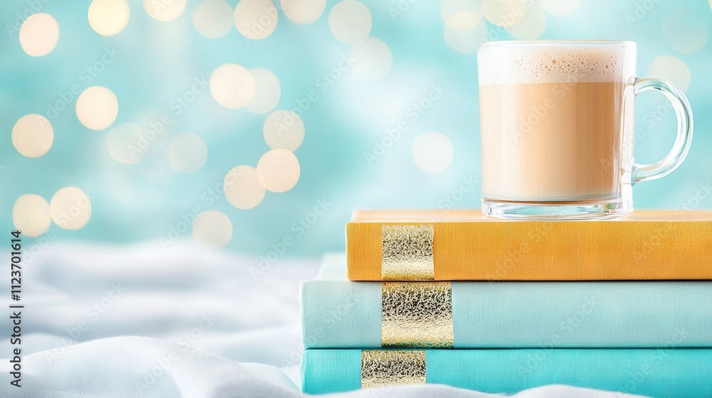 Poster a book stack with a coffee mug resting on top, surrounded by a hazy background