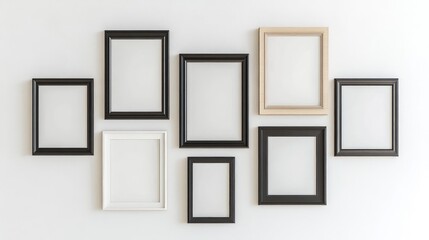 Various sized photo frames hung symmetrically on white wall