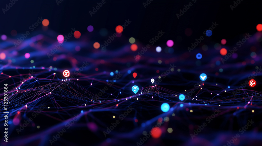 Poster a digital landscape showing colorful human icons connected by shimmering lines, with animated emojis
