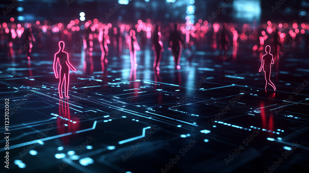 Poster a high-tech interface with neon-colored figures connected by laser-like lines, symbolizing the intri