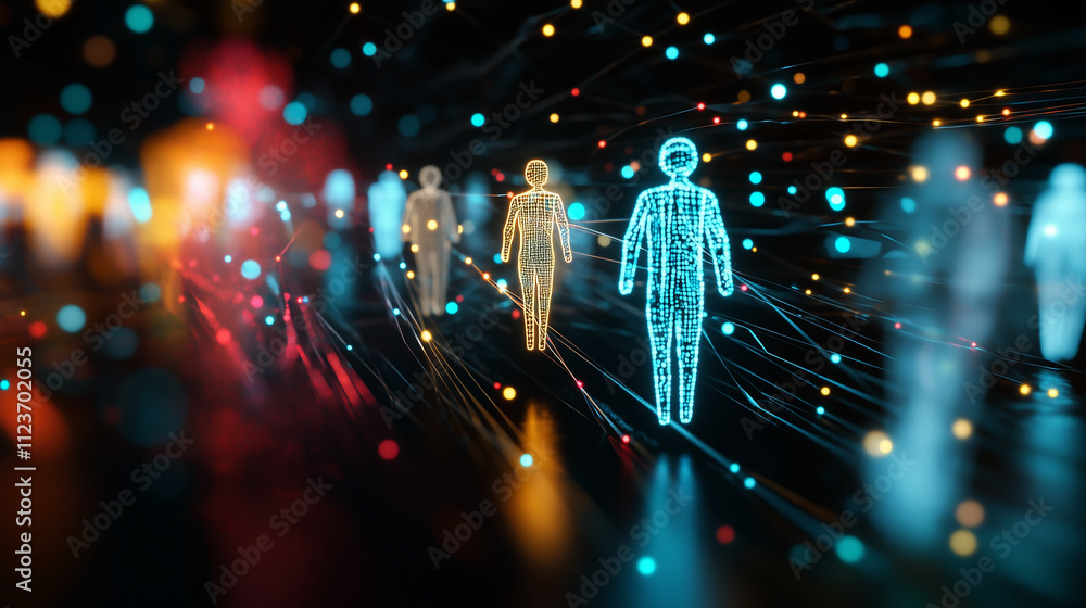 Poster a 3d rendering of a colorful social network, with human-shaped icons floating and connected by glowi
