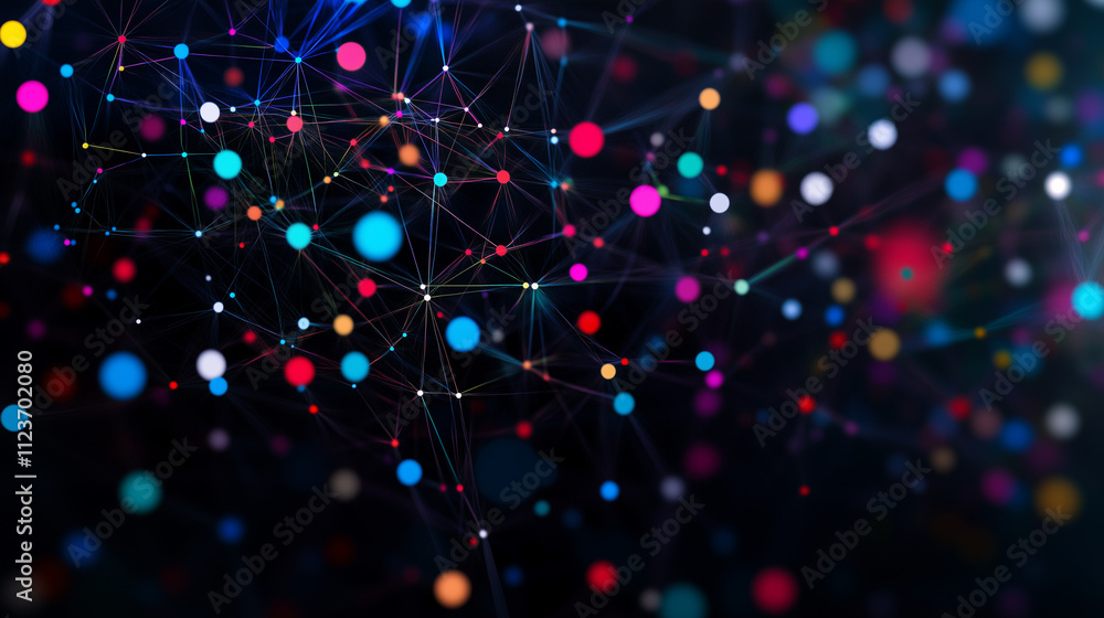 Poster a creative representation of social media interactions, with colorful dots and figures linked by dot