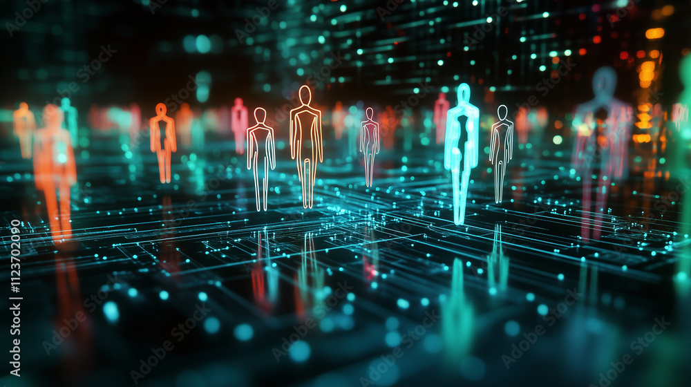 Poster a 3d rendering of a colorful social network, with human-shaped icons floating and connected by glowi