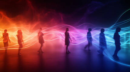 Naklejka premium A glowing network of figures in diverse colors and shapes, connected by curved, dynamic lines, with a gradient backdrop symbolizing the infinite scope of online interactions
