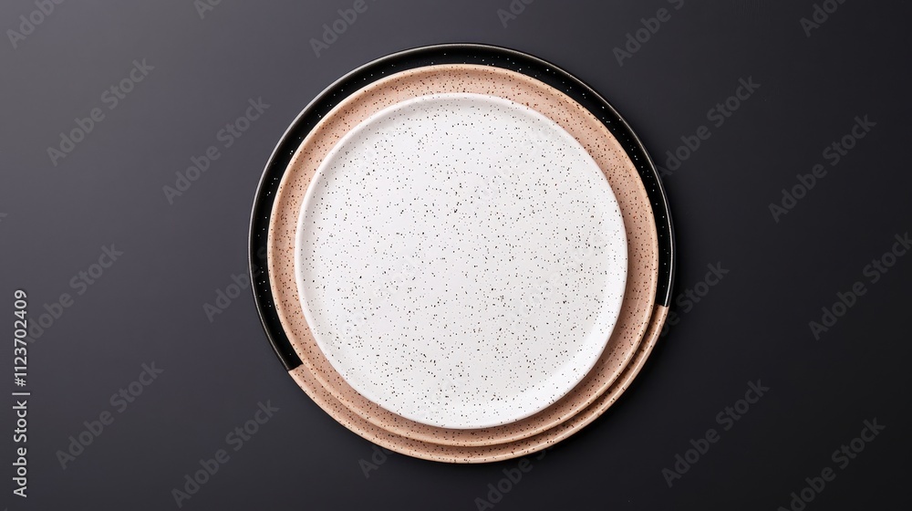 Poster a minimalist arrangement of three plates in varying sizes, showcasing a modern design with a texture