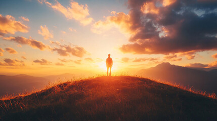 Fototapeta premium A person on a hill under the fading sun, feeling a connection with nature and the universe.