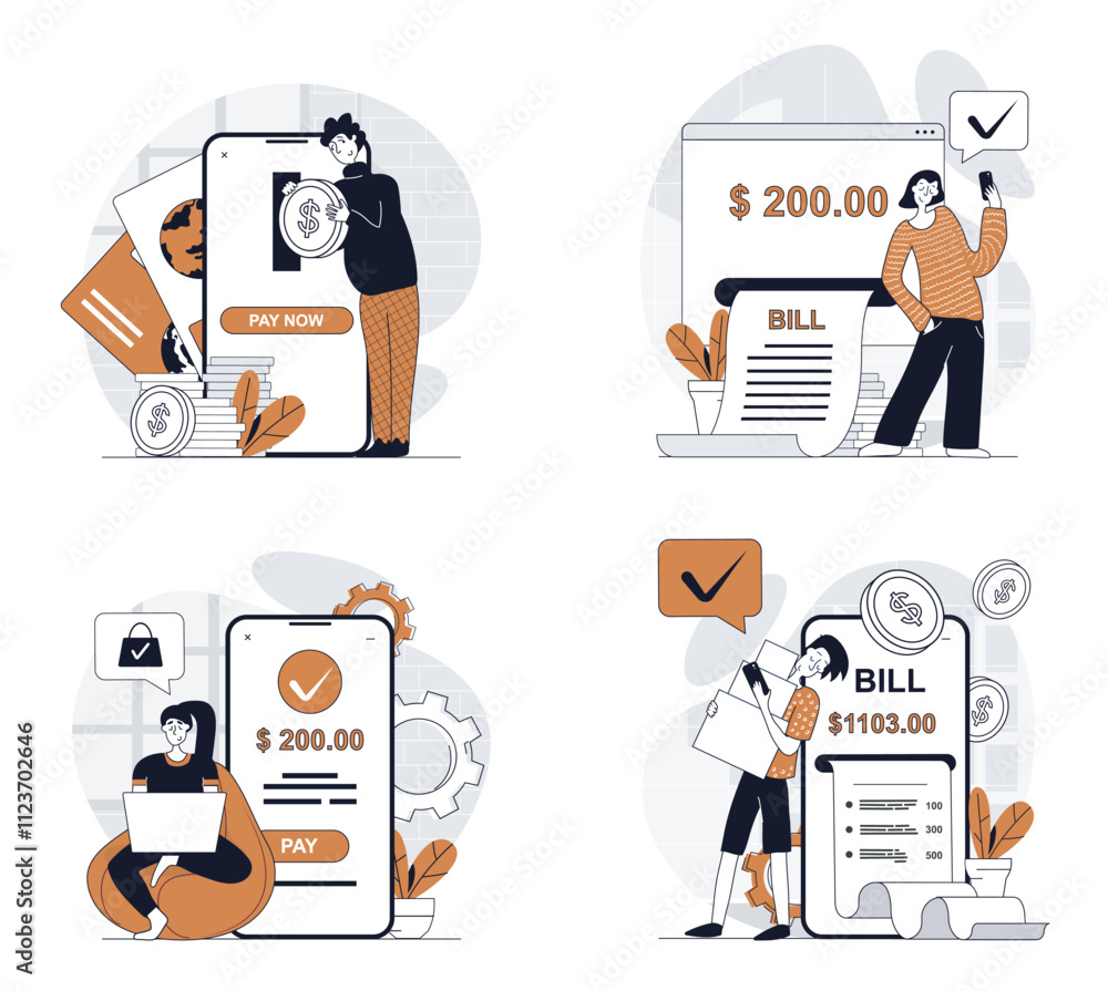 Poster online payment concept set in flat design for web. collection with people getting bills and invoice,