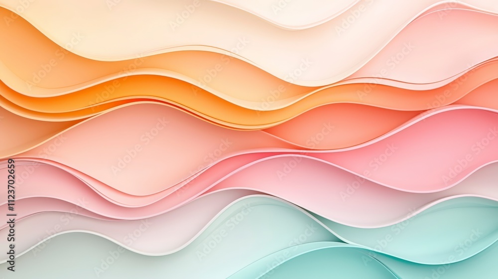 Poster a vibrant display of layered pastel paper waves in soft colors, creating a gentle and artistic textu