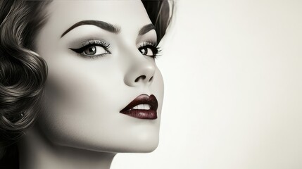 Fototapeta premium Woman in 1940s makeup exudes timeless beauty in studio portrait
