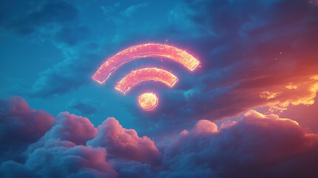 A vibrant illustration of a WiFi symbol floating in the air against a clear blue sky. The symbol is depicted with bold lines and glowing edges,