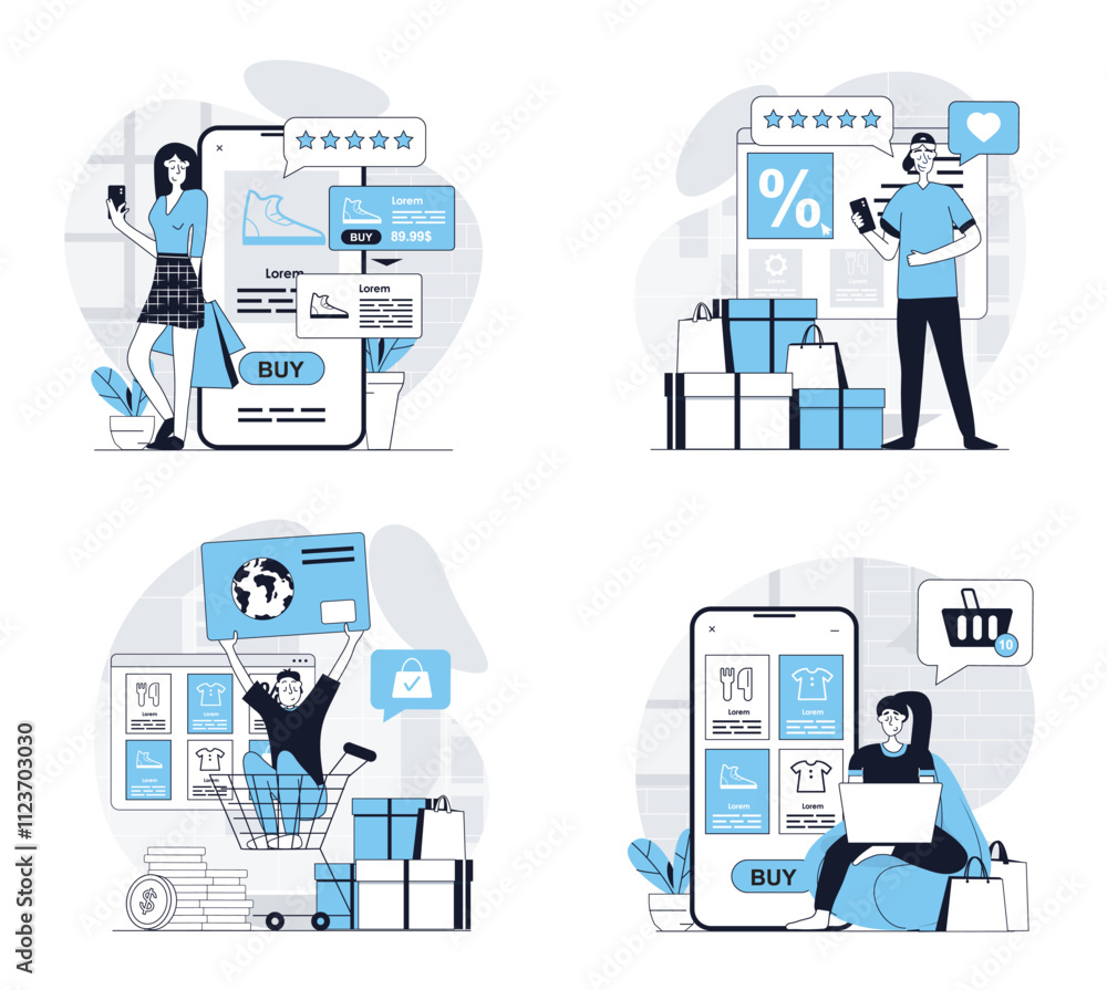 Poster online shopping concept set in flat design for web. collection with people choosing new products at 