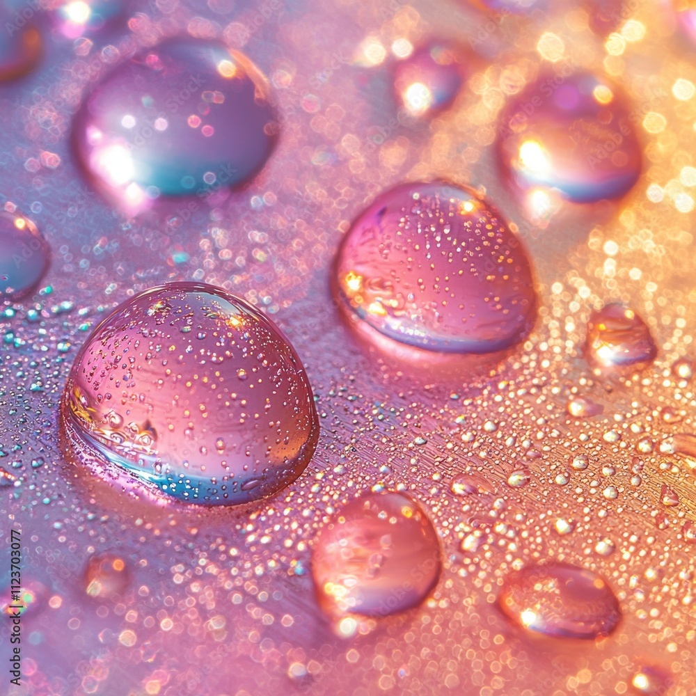 Poster water droplets rest shiny surface reflecting spectrum colors create iridescent patterns. artwork ble