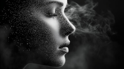 A grayscale face dissolves from the edges inward, the particles dispersing like smoke into a serene void, symbolizing the impermanence of self-awareness