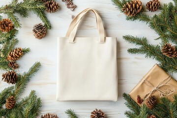 A minimalist Christmas display showcasing a white canvas bag with natural and festive elements