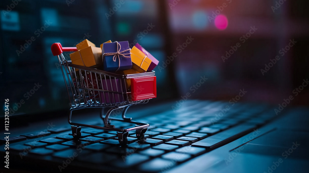 Poster a miniature shopping cart overflowing with colorful packages and boxes placed on an illuminated lapt
