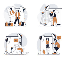 Photo studio concept set in flat design for web. Collection with people getting professional photography shot, posing for portrait, photographer working at fashion shooting. Vector illustrations.
