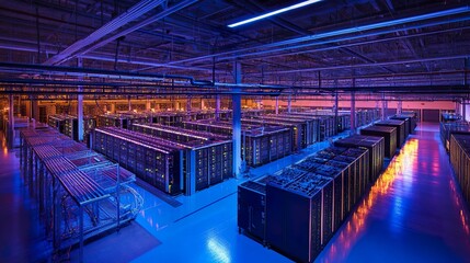 Naklejka premium Vast server room with rows of powerful servers illuminated by vibrant blue and orange lighting.