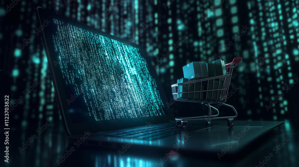 Poster a glowing laptop with a shopping cart full of parcels resting on its surface, with a futuristic back