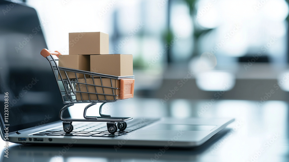 Poster a cheerful shopping cart filled with neatly packed boxes perched on the keyboard of an open laptop, 