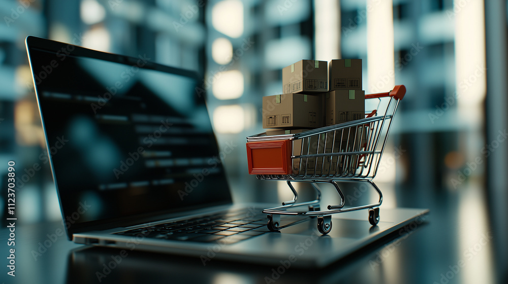 Poster a cheerful shopping cart filled with neatly packed boxes perched on the keyboard of an open laptop, 