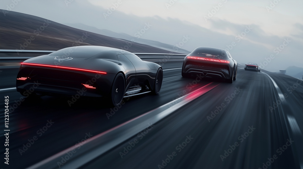 Aufkleber a futuristic scene of an autonomous car seamlessly overtaking another on a high-tech highway, with d