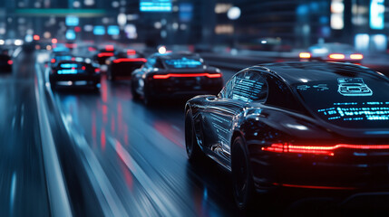 A convoy of autonomous vehicles driving seamlessly on a smart highway with virtual signs and augmented reality overlays guiding their paths