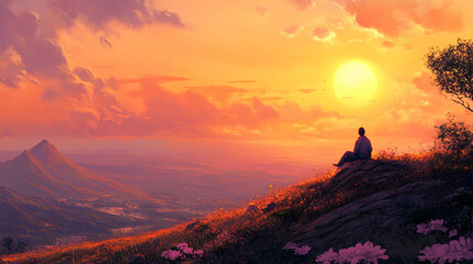 Naklejka premium A person sits peacefully on a hill during sunset, contemplating the cycle of life and nature.