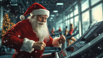 Santa Claus exercising in a fitness club, jogging on the treadmill in a modern spacious gym
