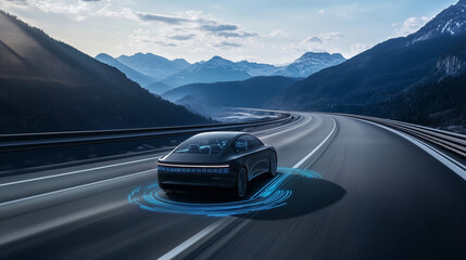 An autonomous car driving through a scenic highway surrounded by mountains, with its sensors glowing faintly to indicate environmental scanning