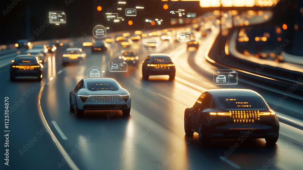 Poster a futuristic view of an autonomous car convoy on a sunlit smart highway, with digital icons floating