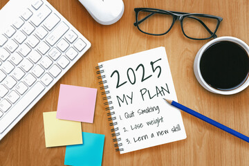 2025 Happy New Year Resolution Goal List and Plans Setting - Business office desk with notebook...