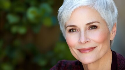 Naklejka premium A poised senior woman with short silver hair in a dramatic black outfit against a dark background, exuding sophistication and power.