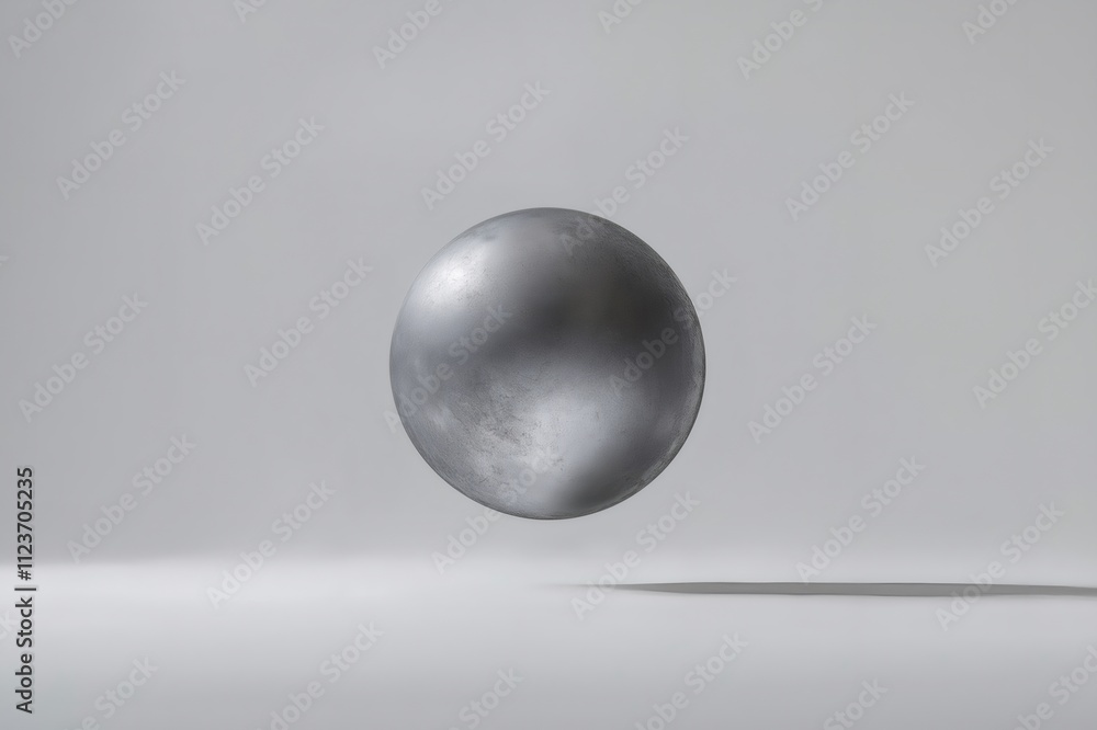 Poster brushed metal sphere floating over a white background, creating a subtle shadow beneath it