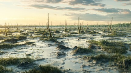 A visual of shrinking wetlands with exposed mudflats and reduced biodiversity due to climate change.