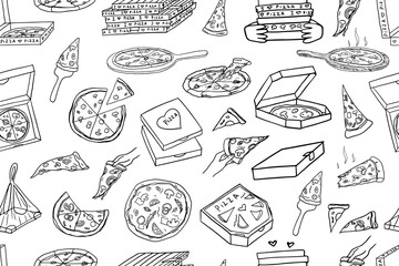 Cute seamless pattrern of pizza box and slice of pizza. Italian cuisine, I love pizza. Doodle style. Hand drawn. Great for menu design, banners, sites, packaging. Vector illustration EPS10