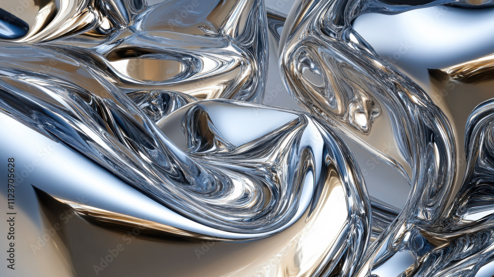 Poster abstract metallic surface with liquid reflections and dynamic shapes in a futuristic composition