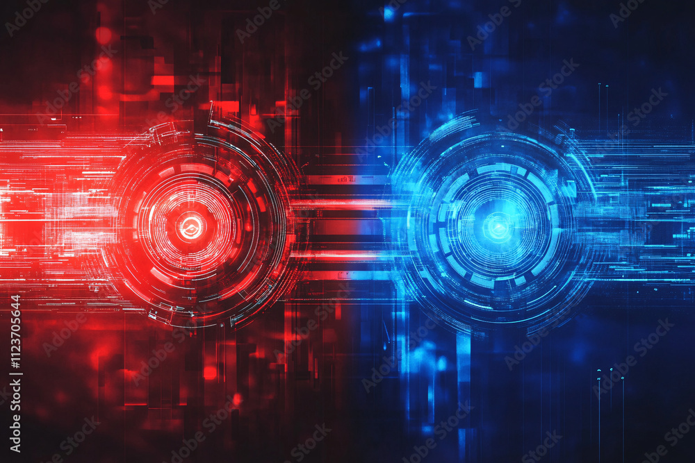 Poster two glowing circular digital interfaces in red and blue symbolizing high-tech communication and futu