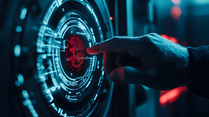 A hacker using a biometric scanner to gain unauthorized access to a digital vault.