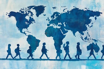 Blue Artwork Celebrating International Migrants Day with Walking Silhouettes and World Map