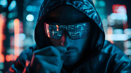 A hacker wearing augmented reality glasses analyzing live cyber networks.