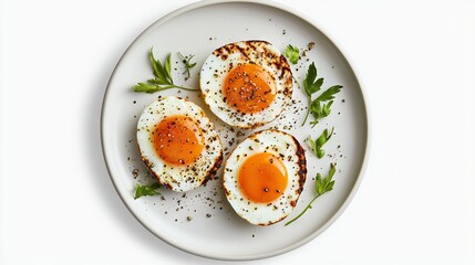   A white plate holds three fried eggs, seasoned atop a white table