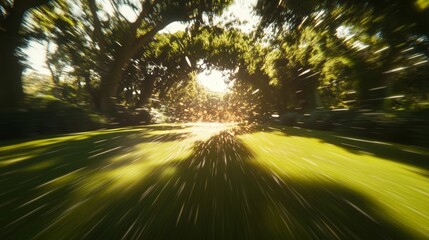 Sunlit path through trees, fast motion blur.