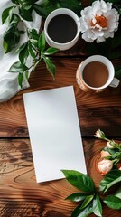 white clean sheet with flowers and cup of coffee.