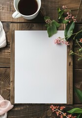 white clean sheet with flowers and cup of coffee.