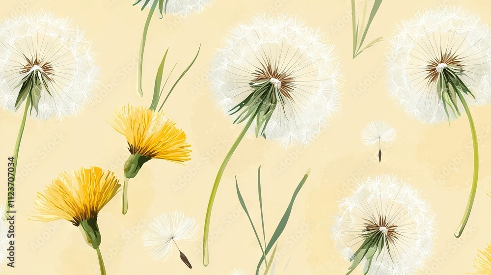 Poster dandelion cluster on yellow backdrop with wind-blown pattern