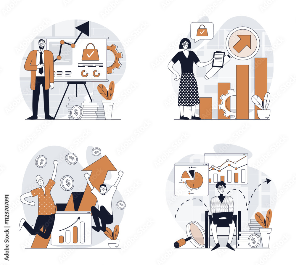 Poster Sales performance concept set in flat design for web. Collection with people making finance analysis, achieving e-business progress and profit rise at arrow charts and graphs. Vector illustrations.