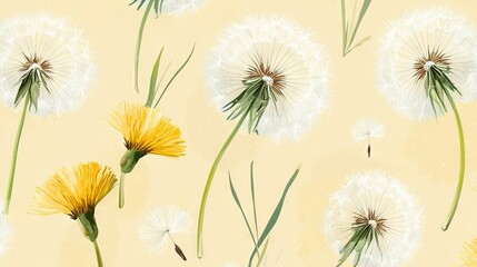 Obraz premium Dandelion cluster on yellow backdrop with wind-blown pattern