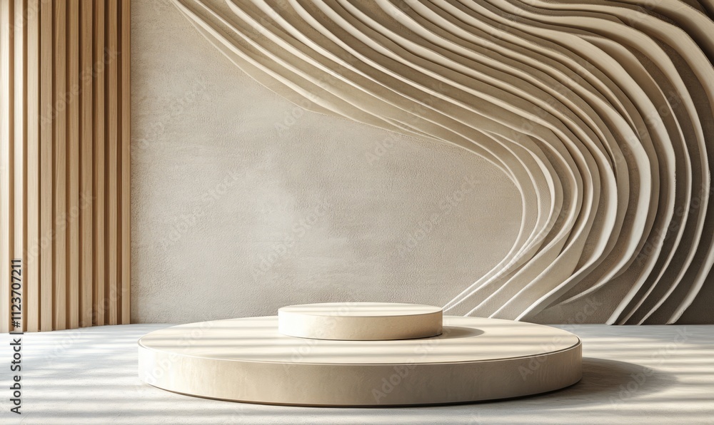 Poster a wave studio mockup featuring a display podium for a product, set in an abstract minimal room with 
