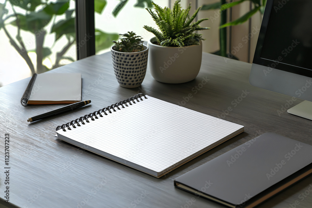 Aufkleber open notebook mockup placed on a modern desk with plants and computer in a bright home office